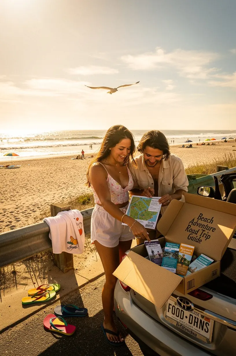 Подарочная коробка с тематическими сувенирами и картой маршрута 66 для путешественников по США.